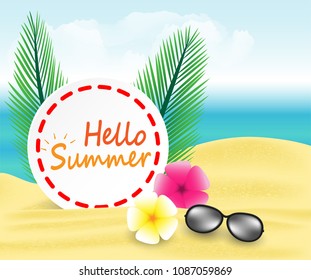 Hello Summer background. travel and relax summer on the beach concept. sun glasses and flower on the beach .Vector.