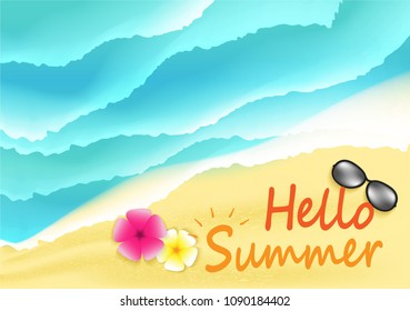 Hello Summer background. travel and relax summer on the beach concept. sun glasses and flower on the beach .Vector.