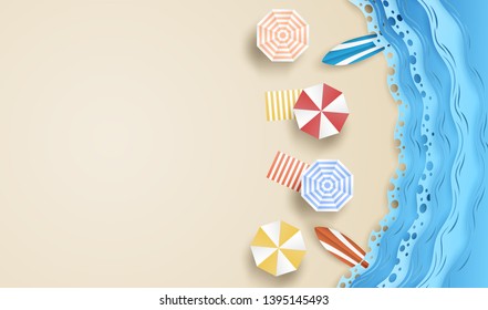 Hello Summer background. travel and relax summer on the beach concept. design with top view beach ,umbrellas, surfboard background . paper art style. Vector.