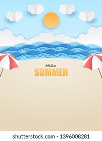Hello Summer background. travel and relax summer on the beach concept. design with beach ,umbrellas ,cloud ,sun and sea . paper art style. Vector.