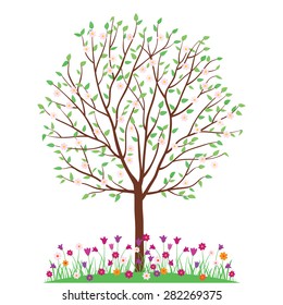 Hello summer. Summer background with tree and flowers. Elements for your design. Isolated on white background. Vector illustration.