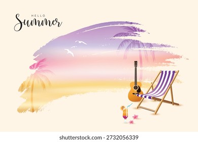 Hallo Sommer Hintergrund mit tropischen Strandelementen, Liegestuhl, Gitarre, Palmen, Sonnenuntergang Farbverlauf Himmel und entspannende Feiertagsatmosphäre Illustration.