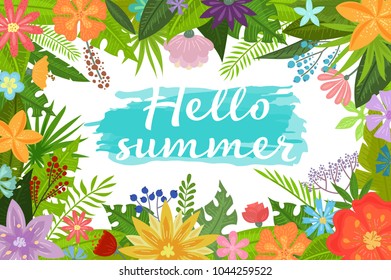 Hello Summer background with tropical flowers and leaves doodle style, design for postcard and invitation. Vector