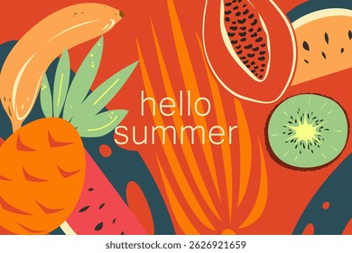 Hello summer. Summer background with tropical fruits and leaves. Vector illustration.