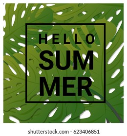 Hello summer background with tropical green leaves , vector , illustration