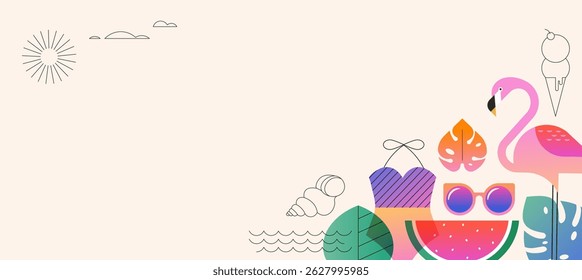 Hello Summer background with tropical icons. Colorful flat vector illustration of flamingo, jungle leaves, watermelon, swimsuit, sunglasses, and ice cream in modern vibrant style. Trendy summer sale