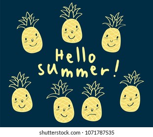 Hello summer. Background with tropical leaves and hand drawn cute pineapples. Vector illustration.