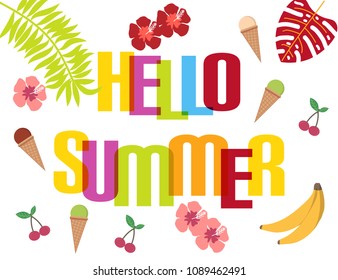 Hello summer background with tropical leaves and flowers. Vector illustration