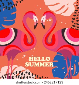 Hello summer. Summer background with tropical leaves, pink flamingos. Vector illustration.