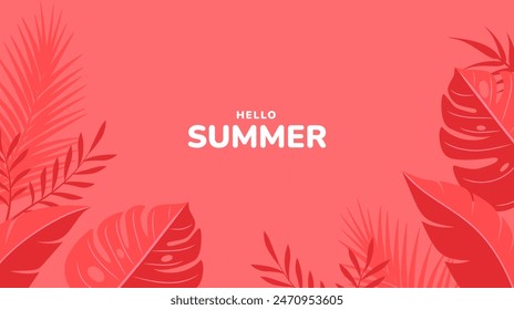 Hello summer background with tropical leaves. Modern minimalist summer design. Design template for sale banner, cover, poster, invitation. Vector illustration