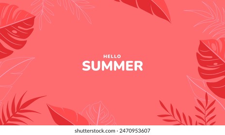 Hola fondo de verano con hojas tropicales. Moderno diseño minimalista de verano. Plantilla de diseño para la venta Anuncio, cubierta, cartel, invitación. Ilustración vectorial