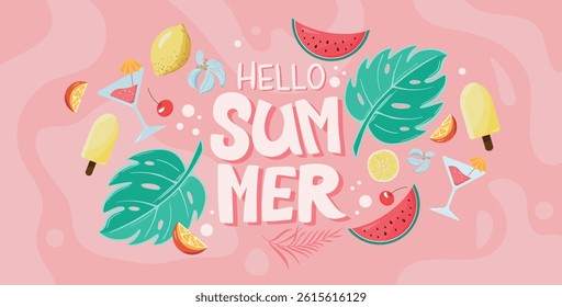 Hello Summer Background with Tropical Leaves, Fruits, Popsicles and Cocktails. Vector illustration of flyer, brochure and ads. Happy summer background.