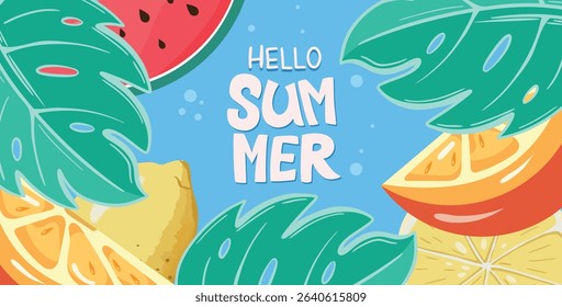 Hello Summer Background with Tropical Leaves, Fruits, Popsicles. Vector illustration of flyer, brochure and ads. Happy summer background.