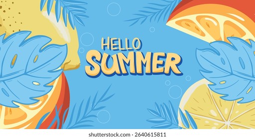 Hello Summer Background with Tropical Leaves, Fruits, Popsicles. Vector illustration of flyer, brochure and ads. Happy summer background.