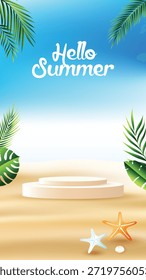 Hola Fondo de verano con hojas tropicales, arena de playa, estrellas de mar y pantalla de podio blanco. Plantilla fresca de verano para la presentación del producto, la promoción y el diseño estacional.