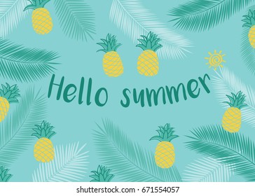 Hello summer.  Background with tropical leaves and pineapples. Vector illustration.