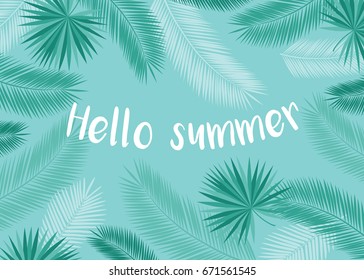 Hello summer. Background with tropical leaves.  Vector illustration.