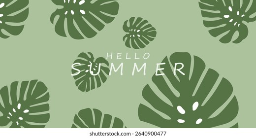 Hello Summer Background with Tropical Monstera Leaves

