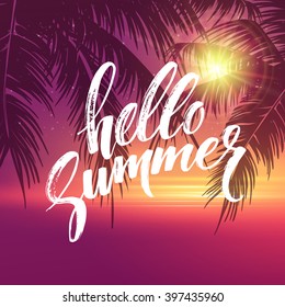 Hello summer  background. Tropical palm leaves background