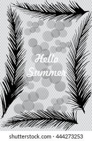 Hello summer background. Tropical palm leaves. Palm Hand drawing illustration.