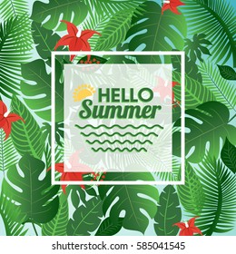 Hello summer background with tropical palm leaves and flowers.vector illustration
