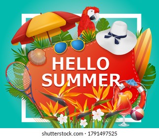 Hello summer background with tropical plants and flowers. For typographical, banner, poster, party invitation. Vector illustration