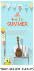 Hello summer background with ukulele on white chair and canoe paddle , vector , illustration