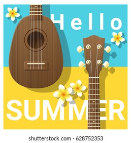 Hello summer background with ukulele , vector , illustration