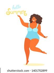 

Hello summer background vector with a girl in a bathing suit and hand drawn text Hello Summer. Cute vector illustration  in flat style isolated on white background. EPS 8.