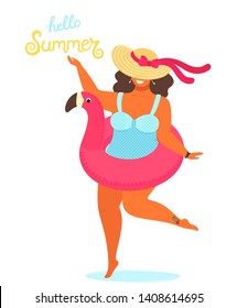 Hello summer background vector with a girl in a bathing suit and hand drawn text Hello Summer. Cute vector illustration  in flat style isolated on white background. EPS 8.