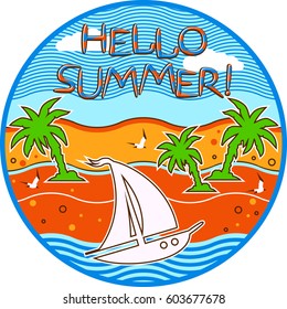  Hello Summer Background. Vector Illustration small boat surrounded by seagulls sail near the island with palm trees