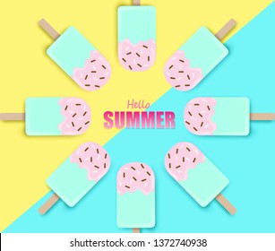 Hello Summer background.Top view ice cream on colorful pastel background. Vector.