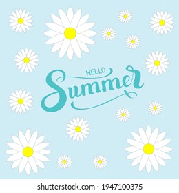 Hello summer - background of white daisies in cartoon style. Design for children's screensaver, floral pattern for a bright cover.