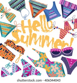 Hello summer! Background with women's black and white swimsuits. Black white and orange. Template for card, poster, brochure. Vector illustration.