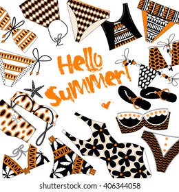 Hello summer! Background with women's black and white swimsuits. Black white and orange. Template for card, poster, brochure. Vector illustration.