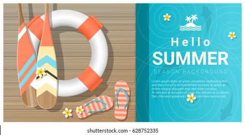 Hello summer background with wooden pier over the sea , vector , illustration