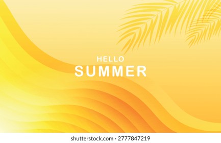 Hello Summer Background with Yellow Waves and Palm Leaves