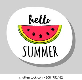 Hello summer - summer badge with funny text and illustration. Vector.