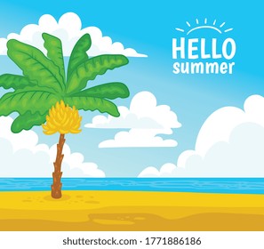 Hello summer with banana palm tree on tropical beach on sunny day - exotic sea vacation spot landscape. Ocean resort coast card with text - vector illustration.