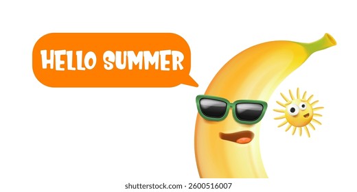 Hello Summer Banana Vector: Funny Cartoon with Sunglasses and Speech Bubble, Bright Seasonal Design for Summer Celebrations and Tropical Themes 