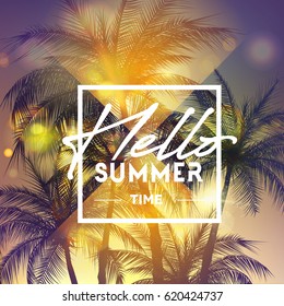 Hello summer banner. Abstract background with palm trees. Vector illustration. Hello Summer Holiday backdrop.