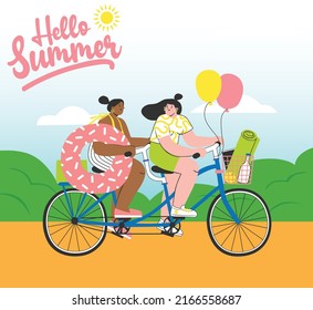 Hello Summer banner, advertisement, and modern creative design for all platforms, two girls riding bicycle in sunny day