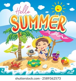 hello summer banner background, cartoon girl eating shaved ice on the beach chair