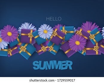 Hola fondo de banner de verano. Flores de margarita azul y violeta y cajas de regalo. Ilustración vectorial.