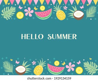 Hello summer banner background with tropical palm leaves and fruits. Summer Template for Your Design. Vector illustration