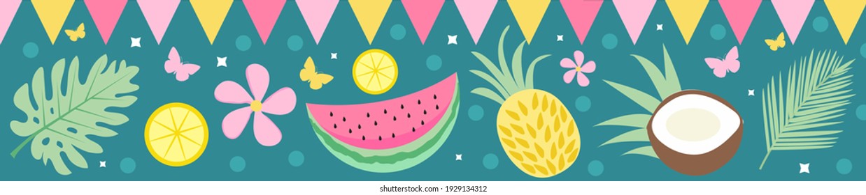 Hola fondo de banner de verano con hojas de palma y frutas tropicales. Plantilla de verano para su diseño. Ilustración del vector