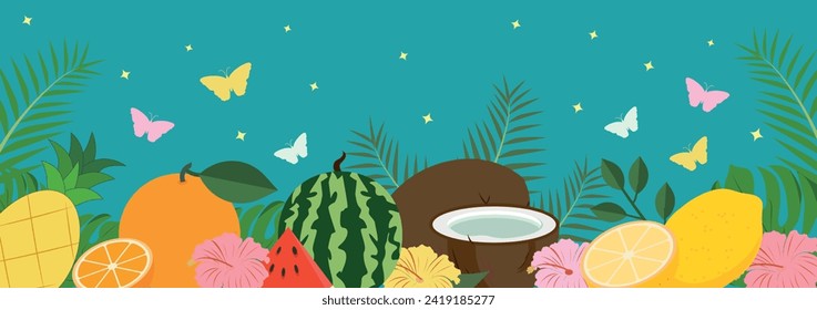 Hello summer banner background with tropical fruits and tropical leaves. Summer design for social media posts, cards, brochures, flyers, and advertising poster templates. 