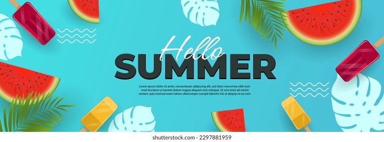 hello summer. banner background with watermelon and ice cream. summer tropical design