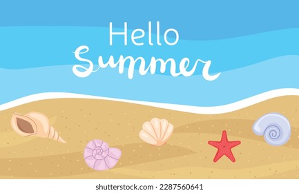 Hello summer banner. Beach with shells and lettering. Vector illustration.