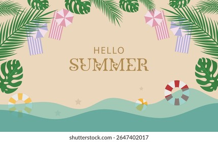 Hello Summer Banner with Beach Top View – Colorful Vector Design Featuring Umbrella, Ball, Float, and Sand Background